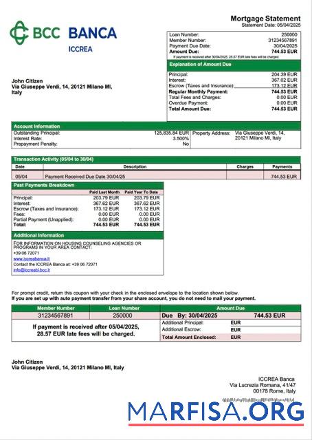 Blank Italy ICCREA Banca mortgage statement Word and PDF template